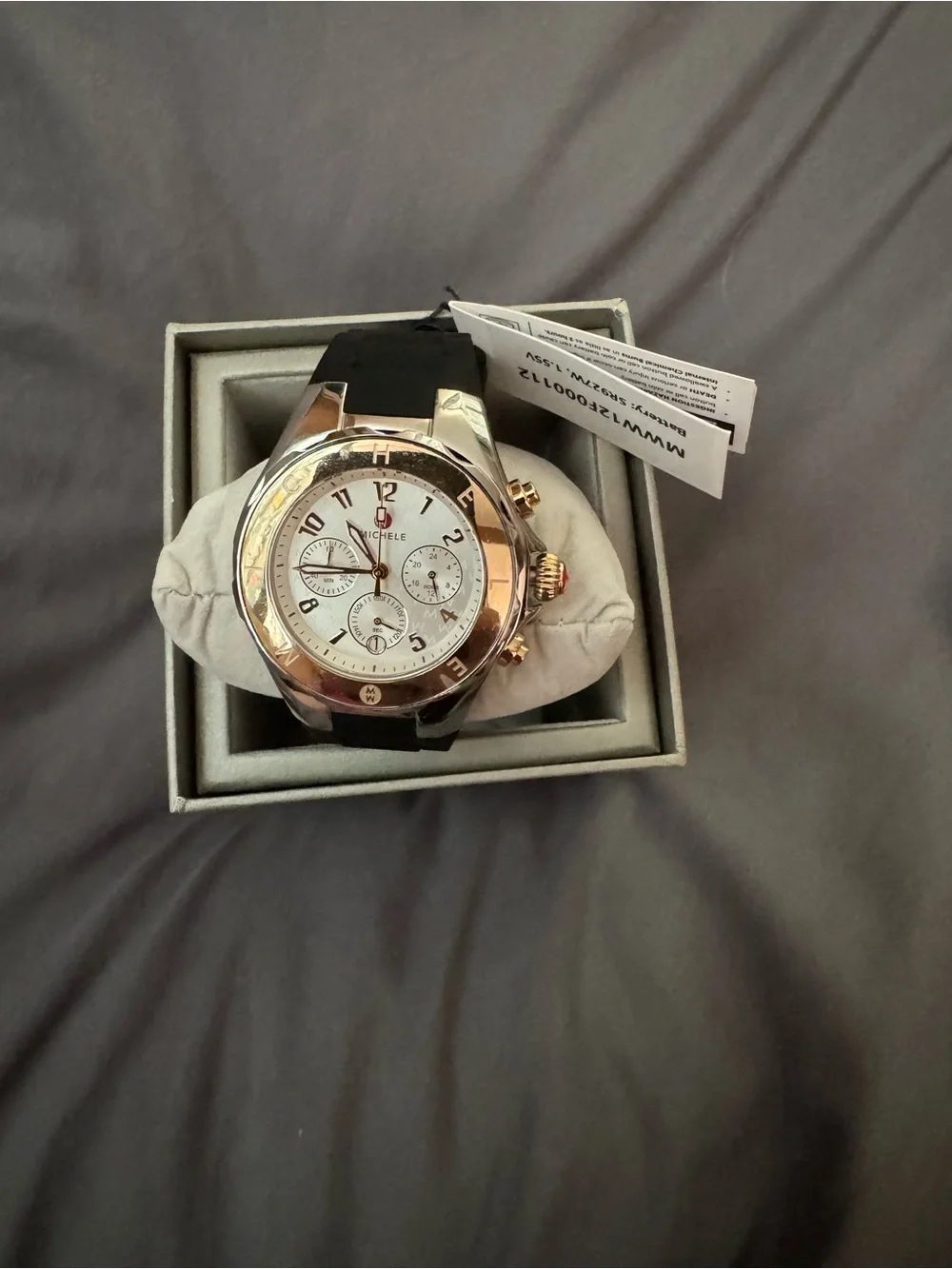 Michele Two-Tone Backcase Watch with Black Strap